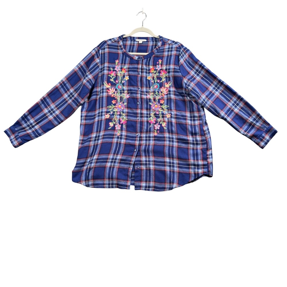 Plow & Hearth Womens XL Blue Plaid Embroidered Floral Button Down Cottagecore